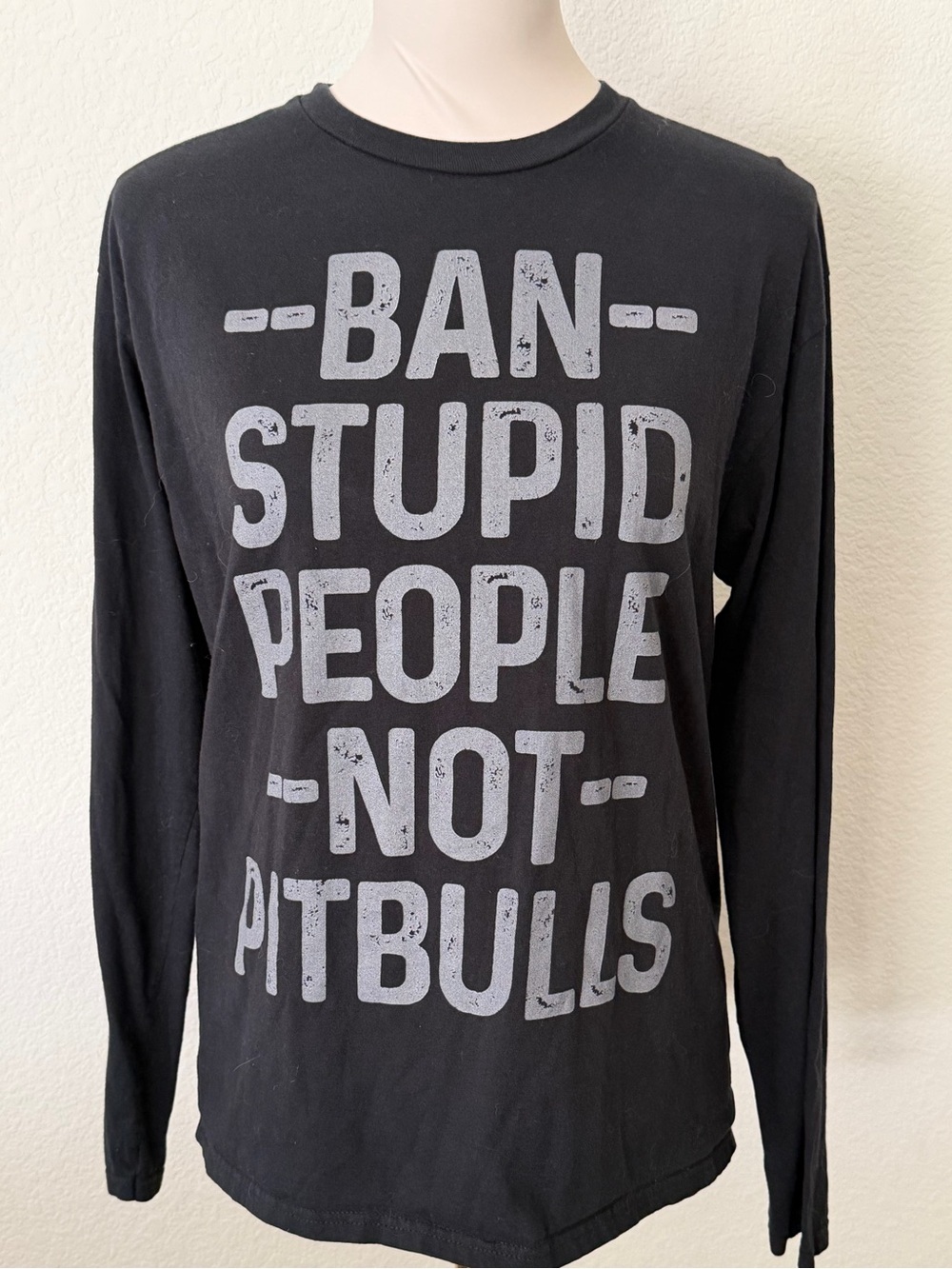 Black Graphic Long-Sleeve Shirt - "Ban Stupid People Not Pitbulls" - M